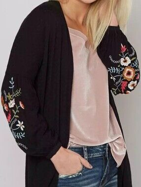 Embroidered Long Light Cardigan by Daytrip Black Textured. Size M.